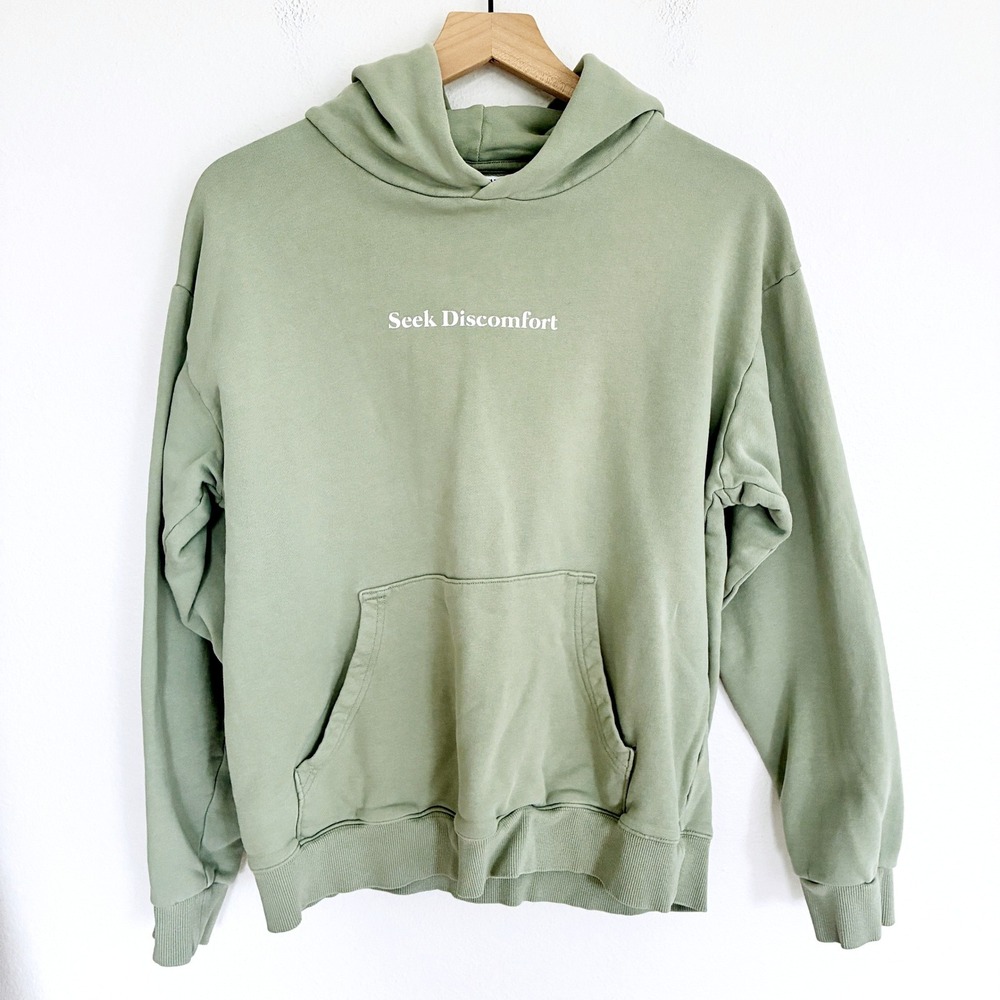 Seek Discomfort Hoodie Unisex Medium Sage Green Organic Cotton Sweatshirt